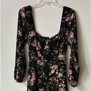 Black Flowery Long Dress, Side Slit, Size Small!!